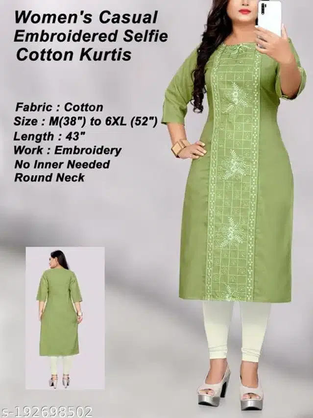 Cotton Embroidered Kurti for Women (Green, 5XL)