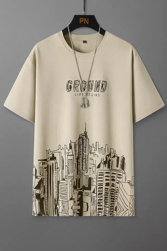 Round Neck Printed T-Shirt for Men (Beige, M)