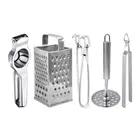 Oc9 Stainless Steel Lemon Squeezer & 4 in 1 Grater Or Slicer & Utility Pakkad & Potato Masher & Roti Chimta Kitchen Tool Set 