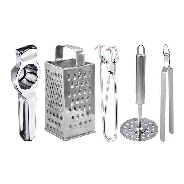 Oc9 Stainless Steel Lemon Squeezer & 4 in 1 Grater Or Slicer & Utility Pakkad & Potato Masher & Roti Chimta Kitchen Tool Set (O-137)
