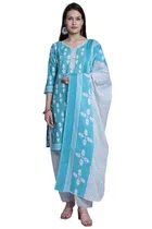 Cotton Blend Floral Kurti with Pant & Dupatta for Women 