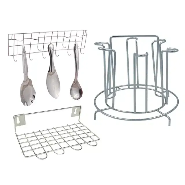 Stainless Steel Glass Stand & Wall Mounted Ladle Rail with Utensil Stand (Set of 3, Silver)