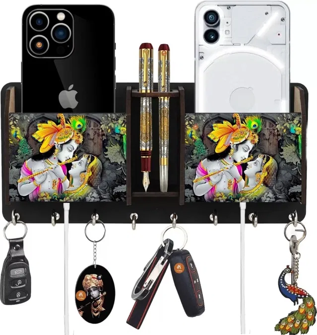 Khatu Crafts Radhakrishna Wood Key Holder (8 Hooks, Multicolor)