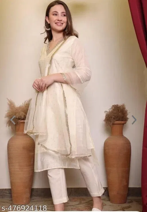 Kurti Pant Dupatta Set for Women (Cream, XS)