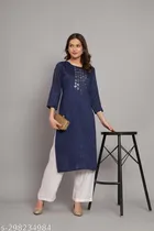 Cotton Embellished Kurti for Women (Navy Blue, M)