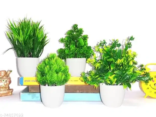 Artificial Plants with Pot (Green & White, Set of 4)
