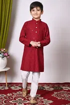 Rayon Cotton Embellished Kurta with Payjama for Boys, Maroon & White 