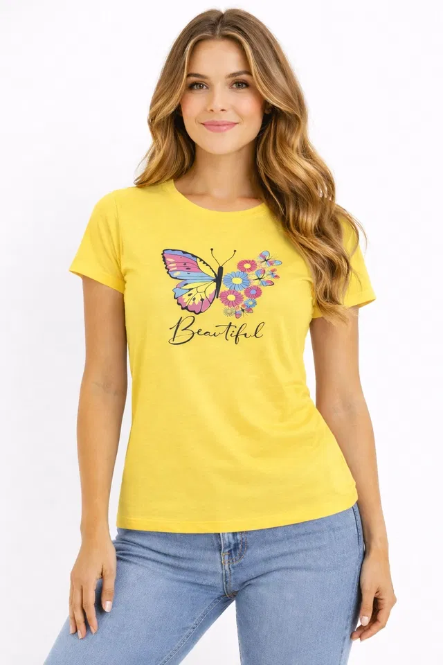 Cotton Blend Printed T-shirt for Men, Yellow (M)