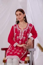 Embroidered Pink Rayon Beads Work Kurti for Women 