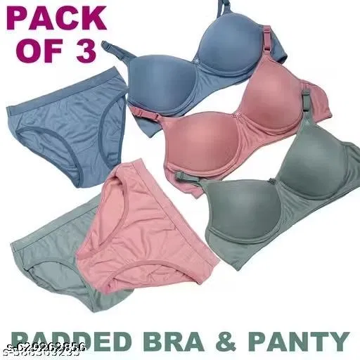 Cotton Solid Bra & Panty Set for Women & Girls, Multicolour, Pack of 3 (34B)