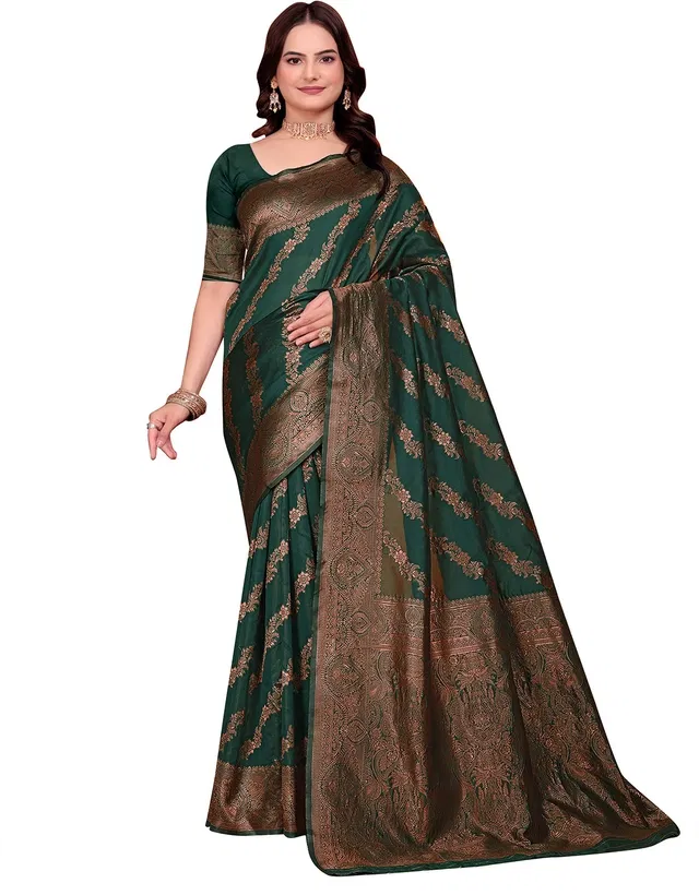 Banarasi Silk Embroidered Saree for Women (Bottle Green, 6.3 m)