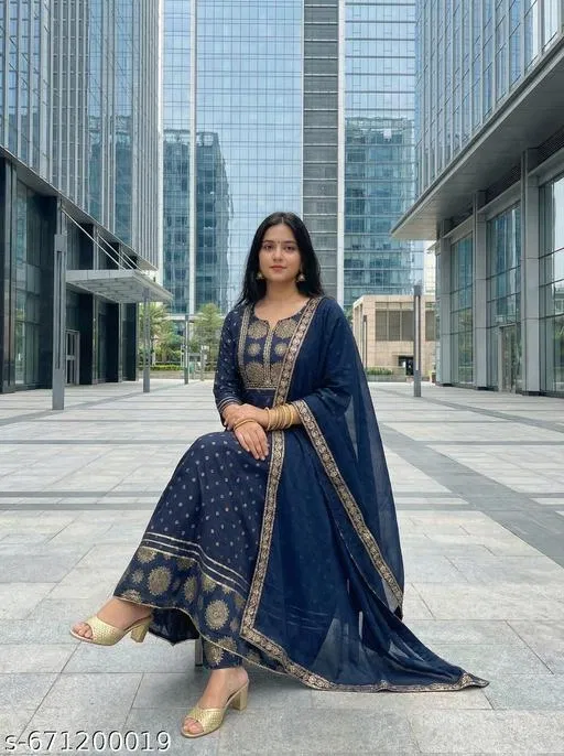 Printed A-line Kurta Set for Women (Blue, L)