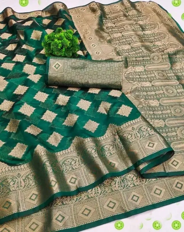 Organza Zari Woven Saree for Women (Green, 6.3 m)