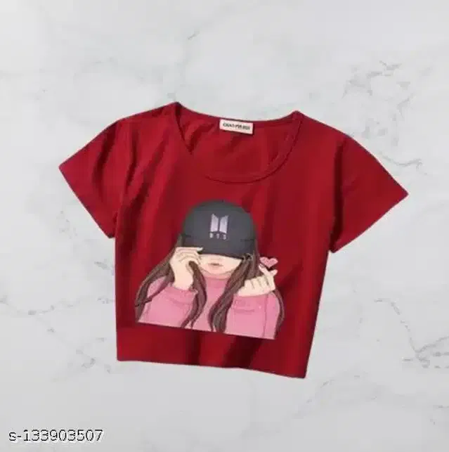 Printed Crop T-shirt for Women (Maroon, M)