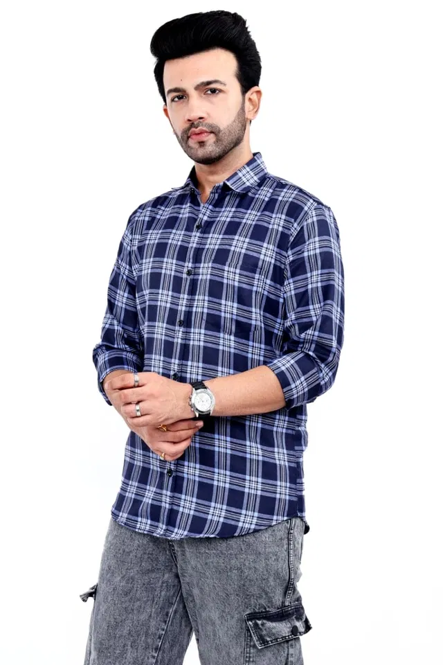 Cotton Blend Checked Shirt for Men, Blue (XL)