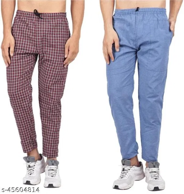 Cotton Trousers for Mens (Red & Blue, M) (Pack of 2)