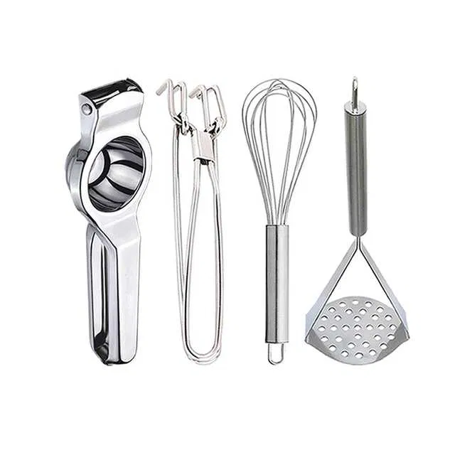 Stainless Steel Lemon Squeezer & Pakkad & Egg Whisk & Potato Masher For Kitchen (Set of 4) (OC-076)