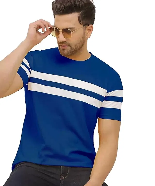 Round Neck Colorblocked T-Shirt for Men (Blue, L)