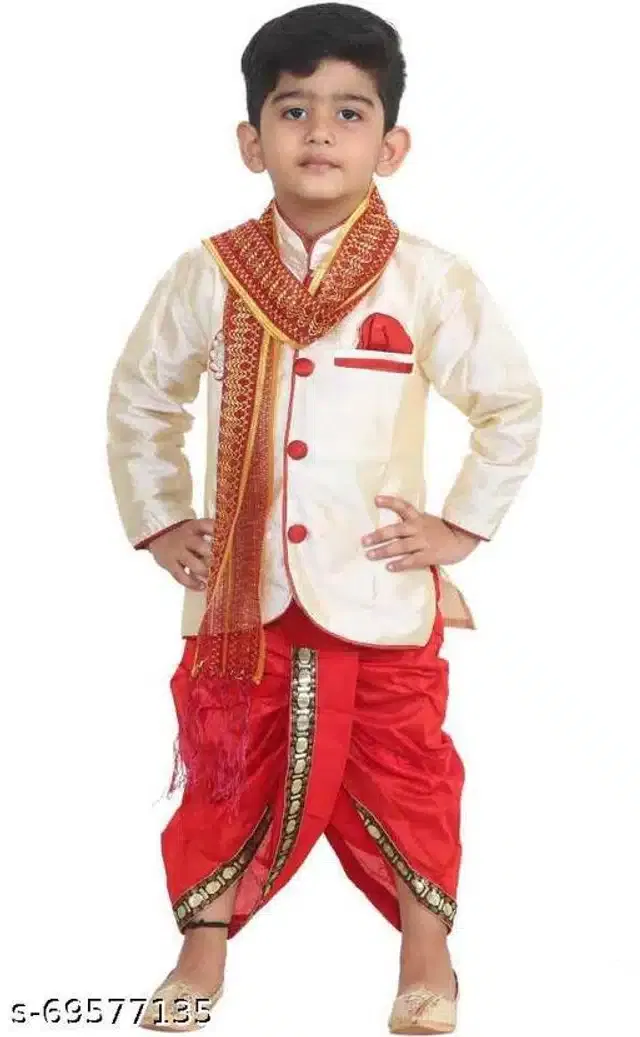 Sherwani Set for Boys (Cream & Red, 4-5 Years)