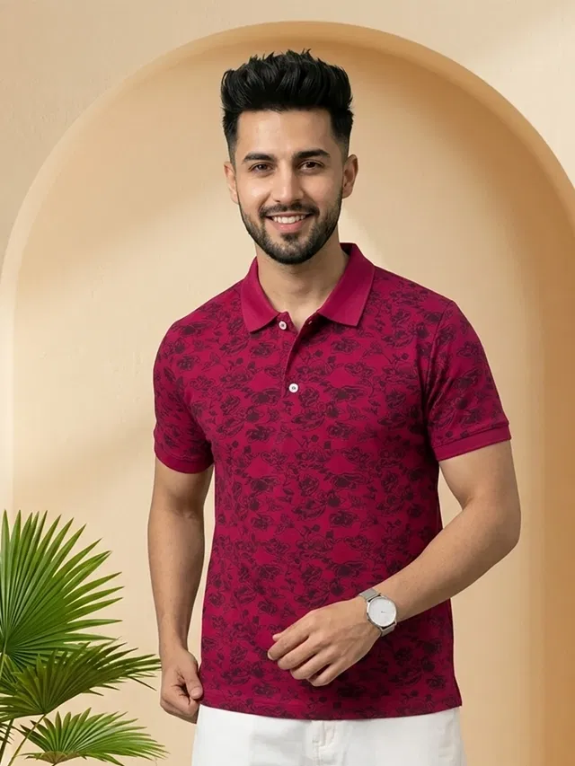 Printed Polo T-shirt for Men (Maroon, L)