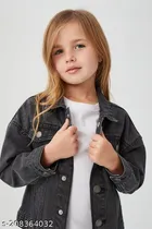 Denim Solid Jacket for Girls (Black, 5-6 Years)