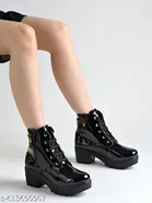 Shoetopia Solid Patent Leather Heeled Boots Black 