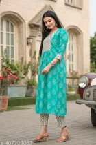 Cotton Linen Printed Kurti with Pant for Women (Sky Blue, S)