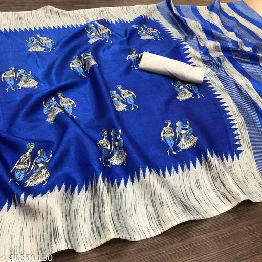 Art Silk Printed Saree for Women, Royal Blue (6.3 m)
