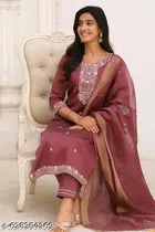 Chanderi Silk Kurta Set with Floral Embroidery for Women 
