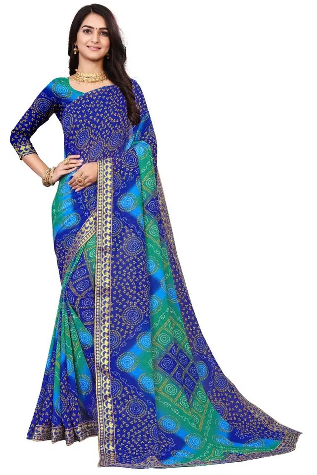 Kanooda Fancy Women Georgette Flower Printed Saree (Blue, 5.5 M) (K2)