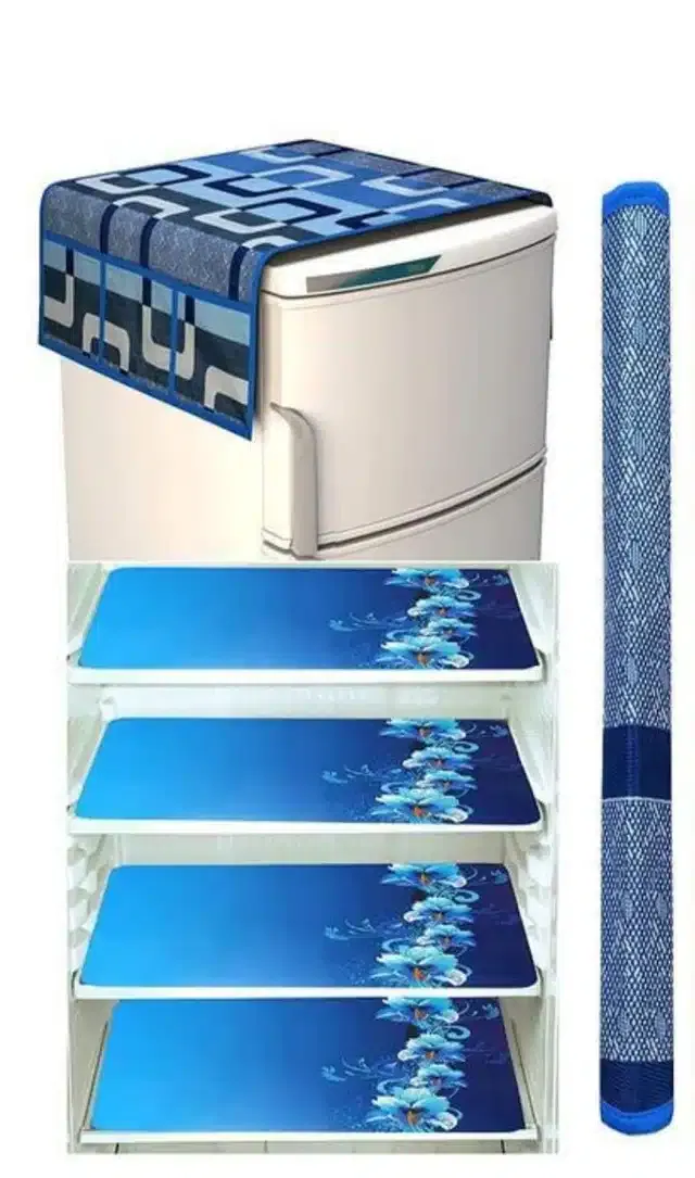 Knit Printed Fridge 4 Pcs Mat with Handle & Top Cover (Blue, Set of 1)