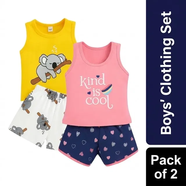 Cotton Blend Printed Clothing Set for Boys, Combo Pack of 2, Peach & Blue & Yellow & White, 3-4 Years