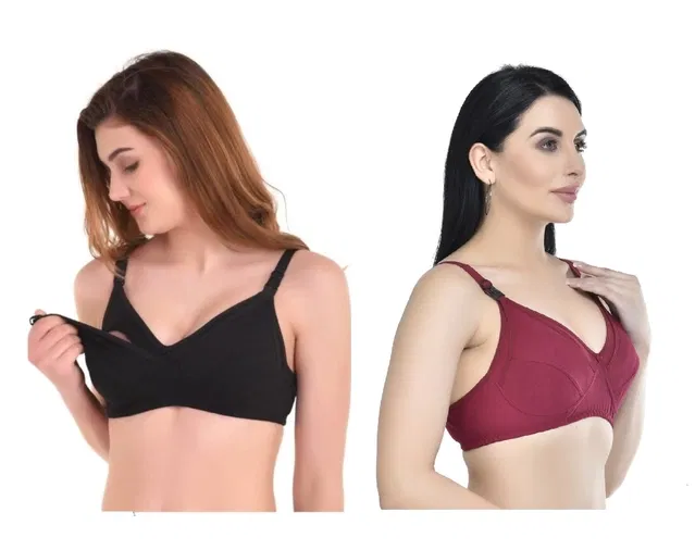 Cotton Blen Solid Non Padded Feeding Bras for Women (Multicolor, 38) (Pack of 2)