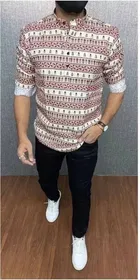 Cotton Blend Printed Short Kurta for Men 