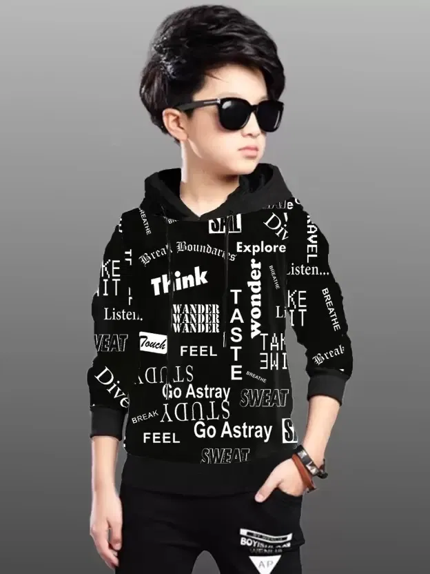 Cotton Blend Printed Hoodie for Boys (Black, 8-9 Years)