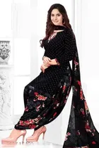 Crepe Polka Dots Unstitched Suit with Dupatta for Women (Black)