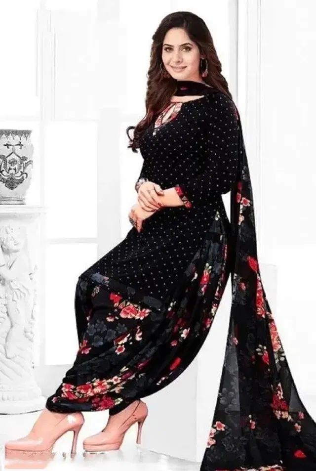 Crepe Polka Dots Unstitched Suits Fabric for Women (Black)