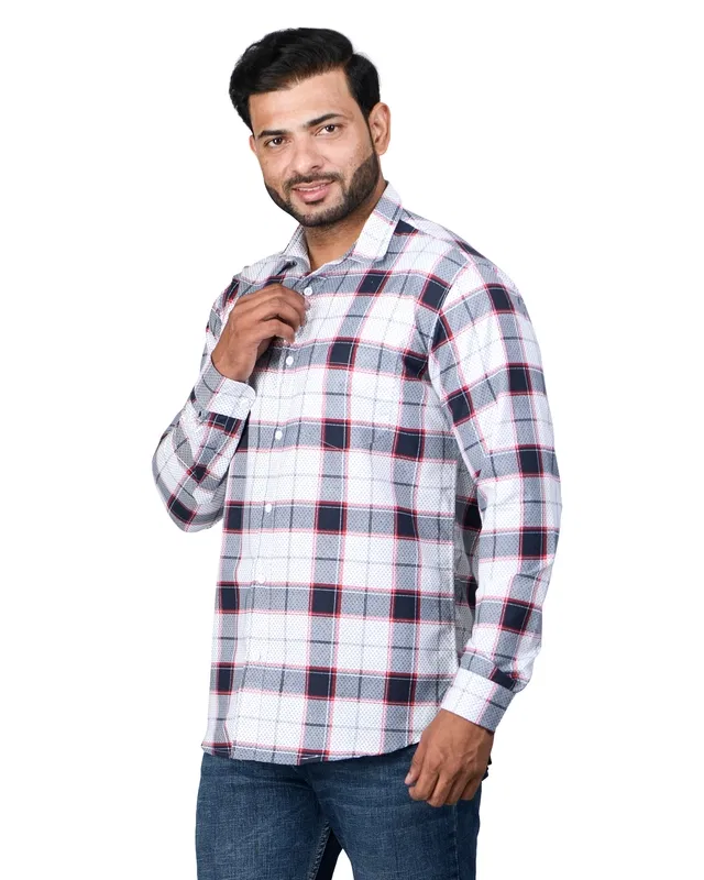 Poly Cotton Full Sleeves Chequered Shirt for Men (White & Red, M)