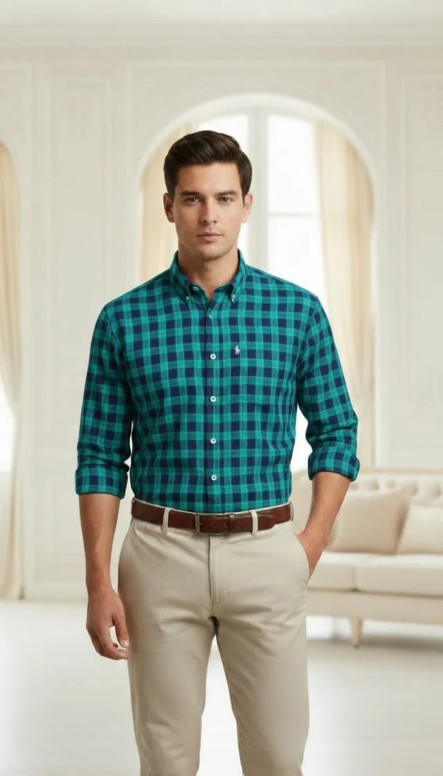Cotton Checkered Shirt for Men, Sky Blue (M)
