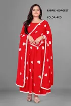 Georgette Ethnic Motif Gown with Dupatta for Women (Red & White, S)