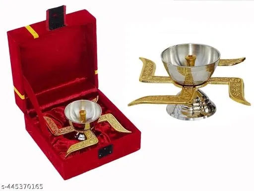 Metal Swastik Diya with Velvet Box (Silver & Gold)