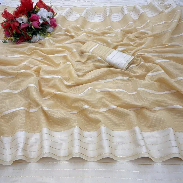 Cotton Blend Striped Saree for Women (Peach, 6.3 m)