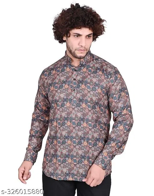 Cotton Blend Printed Short Kurta for Men, Multicolor (L)