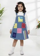 Denim printed Frock  For Girls, White & Blue 