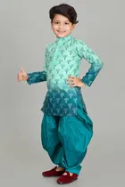 Dupion Silk Printed Kurta with Dhoti for Boys, Sea Green 