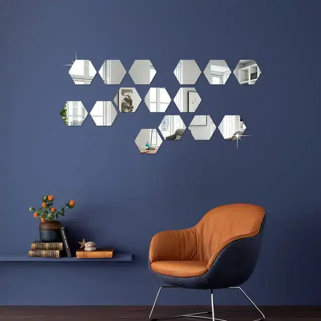 Acrylic Hexagon Shaped Wall Mirror Stickers (Silver, Pack of 15)