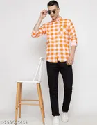 Cotton Blend Checked Shirt for Men, Orange 