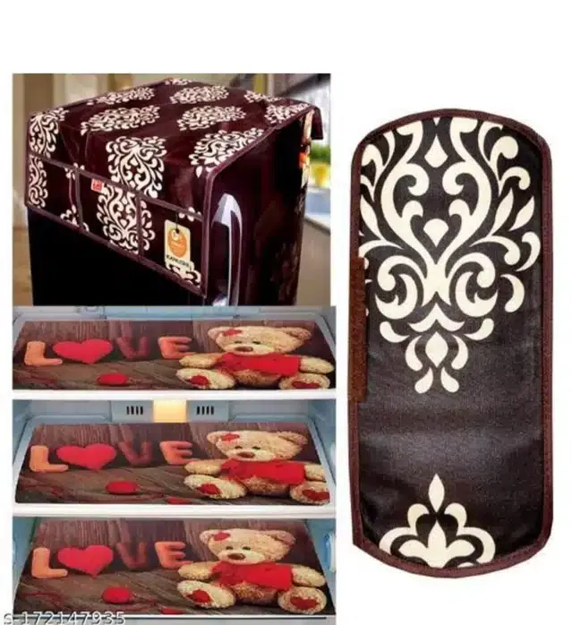 Knit Printed Fridge 3 Pcs Mat with Top & Handle Cover (Multicolor, Set of 1)