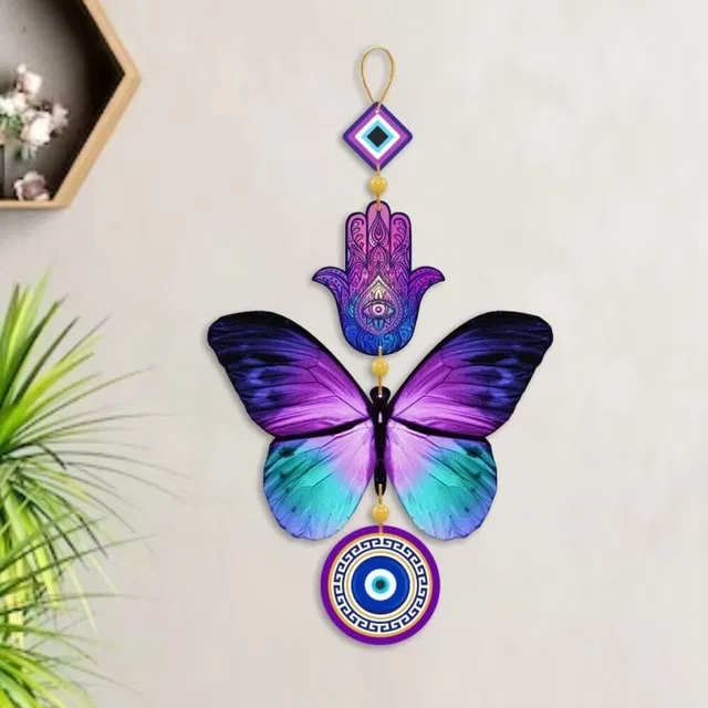 Khatu Craft Butterfly Evil Eye Wooden Wall Hanging (15x10 Inch, Multicolor)