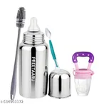 Baby Steel Feeding Bottlel,Fruit Nibbler, Bottle Cleaning Brush With Cutter Spoon